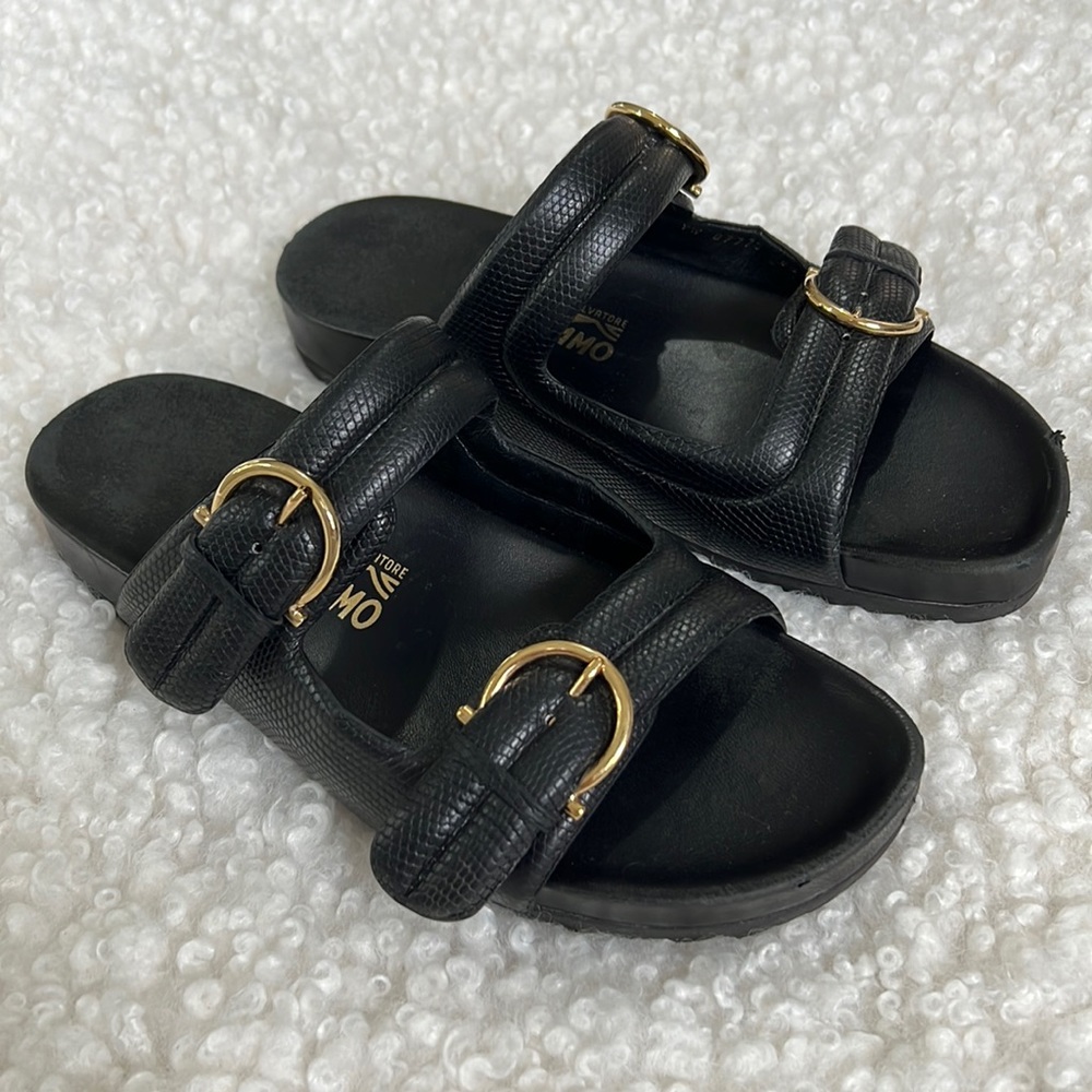 Salvatore Ferragamo leather moro double buckle gold hardware slip on sandals 8.5